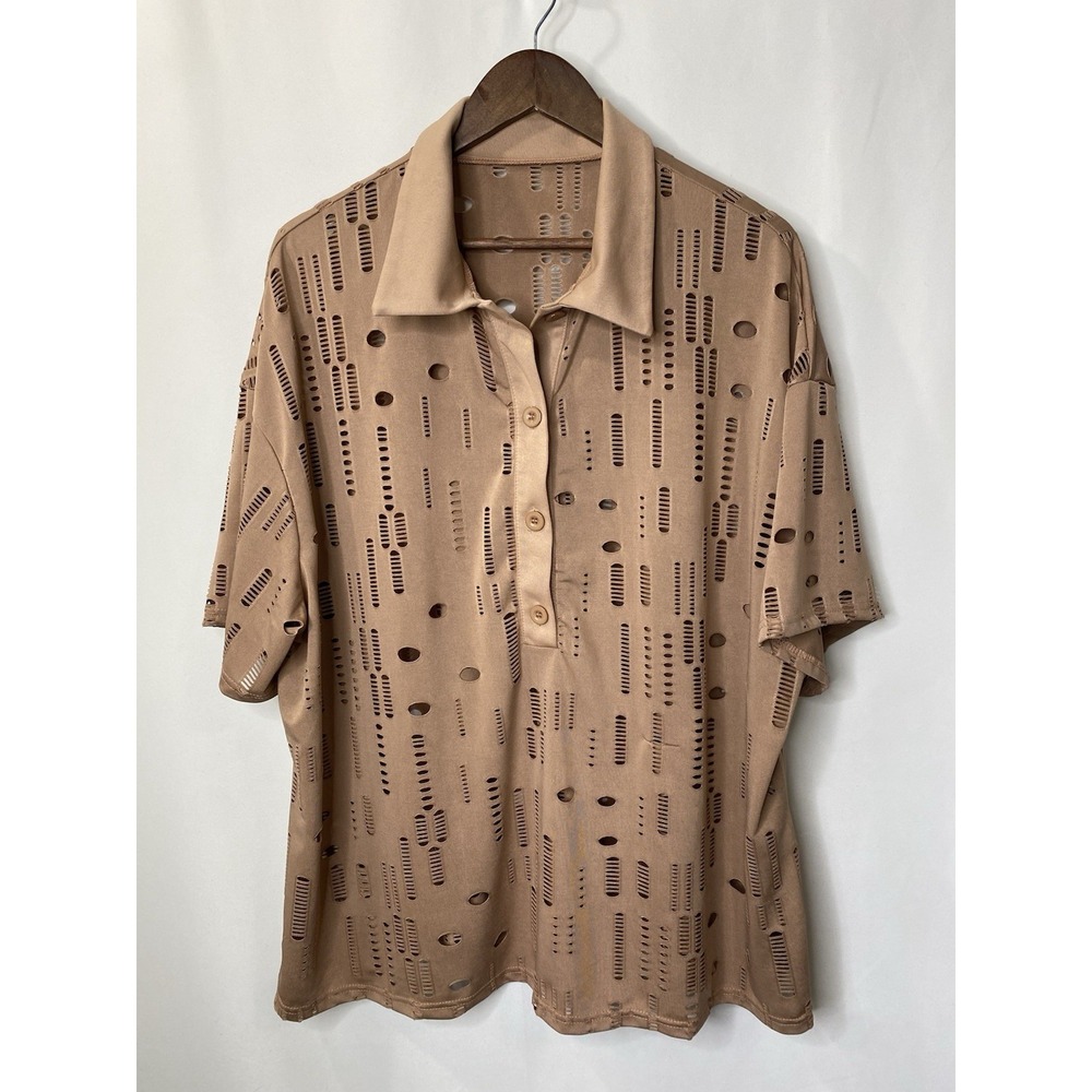 Womens Distresss Shirt Size 2 XL Holes Taupe Rocker Chick Baddie Androgynous Y2K